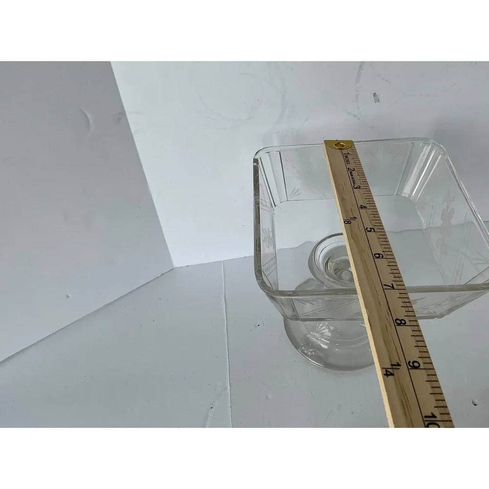 Vintage Glass Pedestal‎ Candy Dish Etched Floral Square Lidded Clear